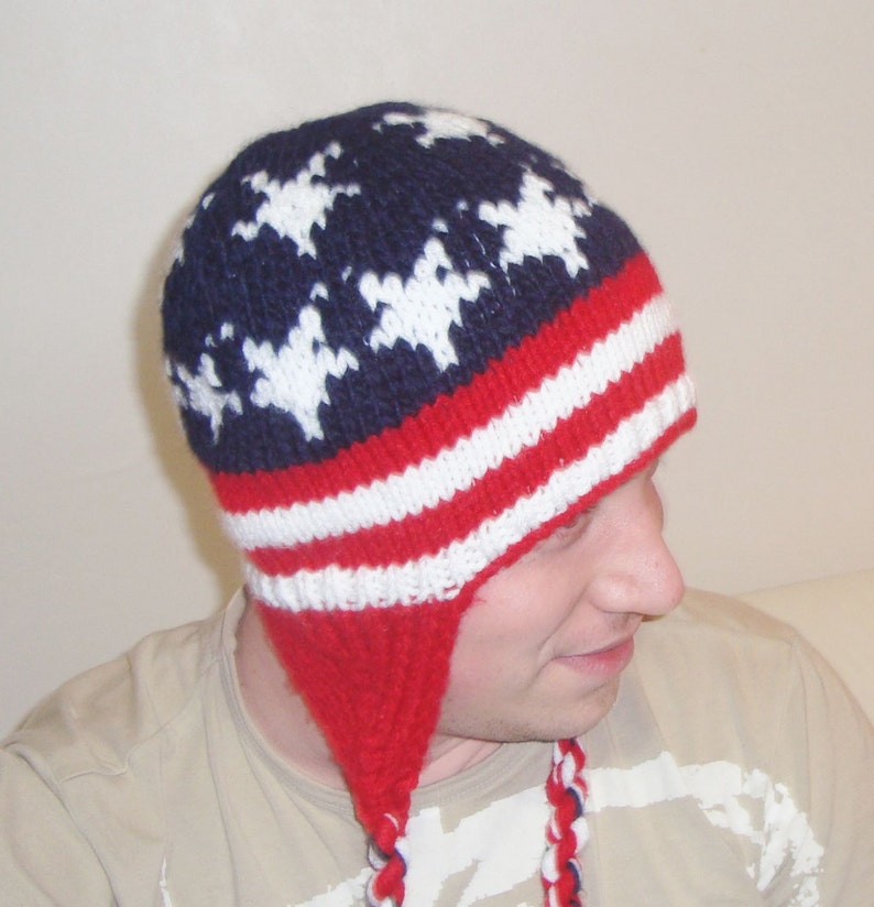 hand knit hats ear flaps men women kids baby family winter blue red white stripes and stars american Flag gifts hats image 4