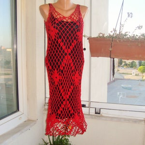 Red Crochet Midi Dress: Acrylic Knit Fishnet Beach Cover-Up