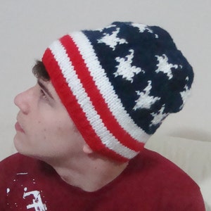 American flag beanie hat men women winter American star and stripes red white blue beanie hat US gifts hand knit knitted image 3