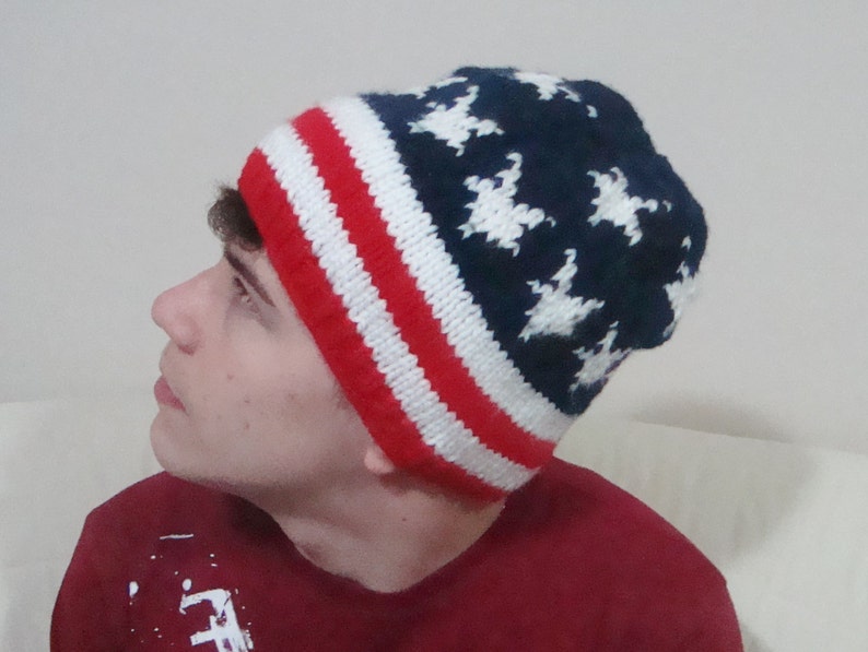 American flag beanie hat men women winter American star and stripes red white blue beanie hat US gifts hand knit knitted image 3