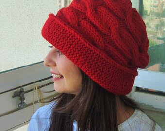 Hand Knit Red Cloche Hat Women's: Wool Blend Winter Brimmed Beanie