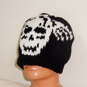 Hand Knit Black Skull Beanie: Deathbat Rock Concert Hat