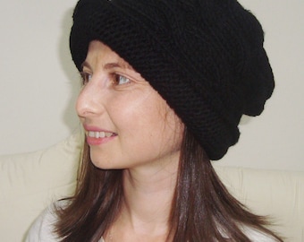 Black, Womens Hats for winter, cloche, with brim church hand knit, knitted, handknit hats, woman gifts for her small to M, L, XL, 2 xl