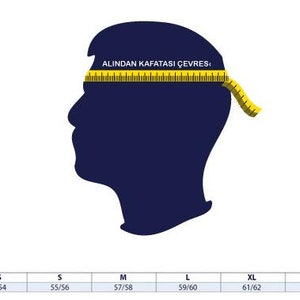 May include: A diagram showing how to measure head circumference. A yellow measuring tape is wrapped around a person's head, with the text "ALINDAN KAFATASI &Ccedil;EVRES" above the tape. A chart below shows head circumference measurements in inches for different sizes: XS (53/54), S (55/56), M (57/58), L (59/60), XL (61/62), and 2XL (63/64).
