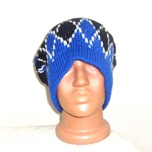 Hand Knit Slouchy Beanie: Argyle Hat, Gray Black Wool Blend Winter Outfit image 8