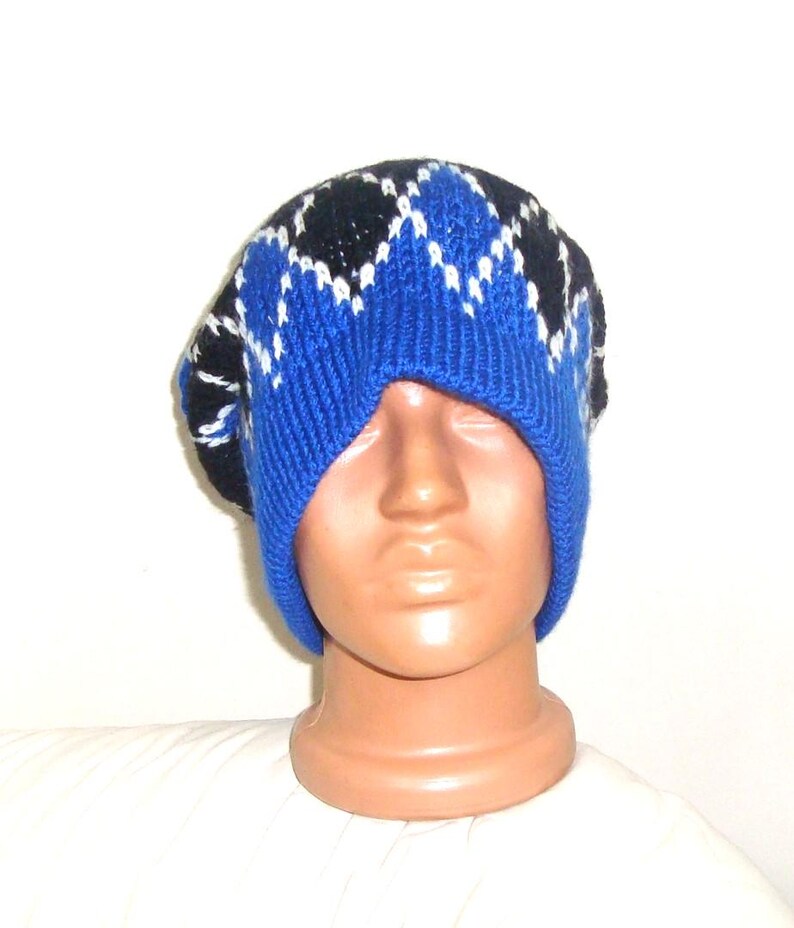 Hand Knit Slouchy Beanie: Argyle Hat, Gray Black Wool Blend Winter Outfit image 8