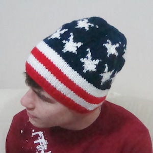 American flag beanie hat men women winter American star and stripes red white blue beanie hat US gifts hand knit knitted image 1