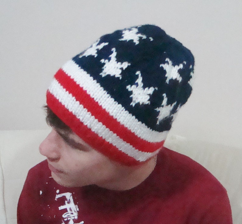 American flag beanie hat men women winter American star and stripes red white blue beanie hat US gifts hand knit knitted image 1