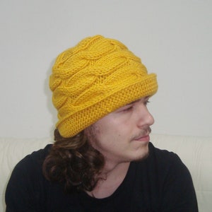 Hand Knitted Cable Knit Brim Beanie - Mustard Yellow Wool Blend