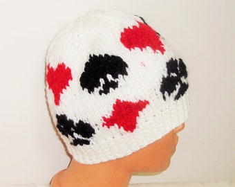 white beanie hat with red hearts diamonds, black clubs spades Poker player retiree gifts for men poker playing cards lover hand knit knitted