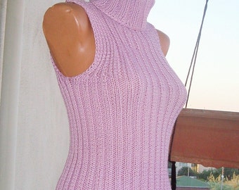 Womens Turtleneck Sleeveless Sweater mens Lavender Lilac Blouse Summer Highneck Tank top hand Knit  Rib Ribbed Knitted tube tops