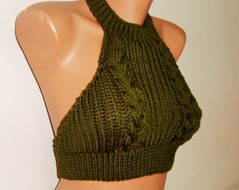 moss green mockneck Crop tanks tops hand Knit summer Crop sweater highneck Backless Blouse Knitted gift for women hers