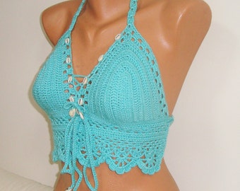 Crochet tops for women with shell Turquoise Clothing festival summer beach clothes gift for Hers