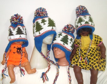 Hand Knit Earflap Hats: Family Matching Winter Pom Pom Beanie, Tree Christmas Gifts