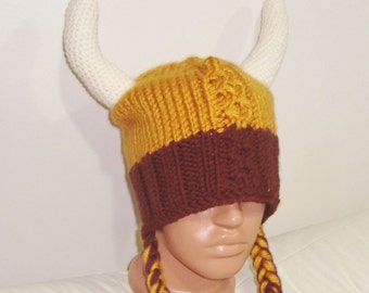 Viking hat, men's hat, adult man hat, funny hat, party hat, hand knit winter hat, mustard brown cream Viking horns, birthday gift for men