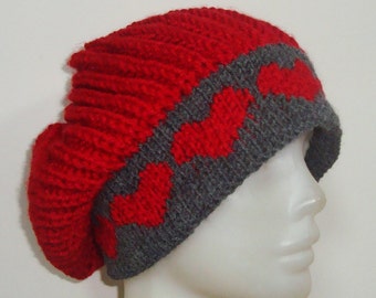 Red Slouchy Beanie Womens Hats winter hand Knit with double knit brim gray band in Red Hearts christmas gifts for Hers