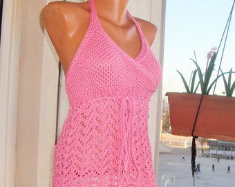 Pink tops for women / hand Knit pink Blouse / pink summer tops / Deep VNeck Blouse / halter tops Backless Sleeveless tops