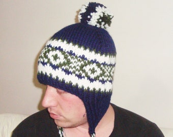 hand knit hats for mens womens winter ear flap with pompom gift for him women men