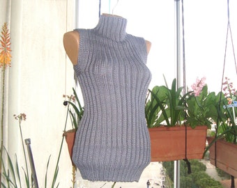 Gray Summer Tanktop Mens Womens Highneck Turtleneck Sleeveless, T shirt, Blouse Rib Ribbed hand Knit Knitted in grey & brown ready to ship