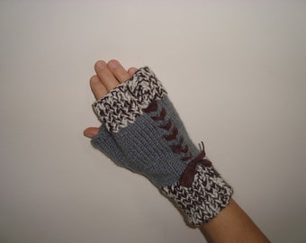 Hand Knit Winter Fingerless Gloves for Men Women Knitted Fingerless Gloves in Gray, Cream with Brown Real Leather String