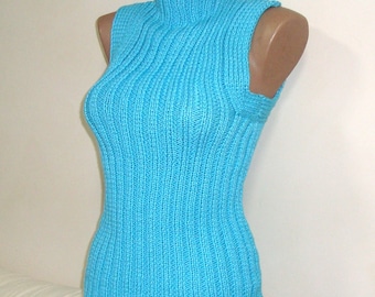 Turquoise Sweater Turtleneck Sleeveless Women mens ribbed t shirt blouse tank tube tops with Rib Knit hand Knitted mock neck for summer