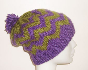 hand Knitted Hats for Sale Acrylic Women's winter Slouchy Beanie Hats in Purple & green chevron Knit Hats gift For Womens