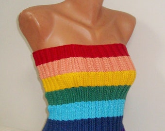 Rainbow striped crop top tube tops & skirt set festival outfit summer women hand knit rib ribbed purple, navy, blue, green yellow orange red