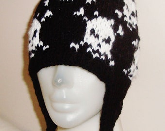 Hand Knit Skull Hat with ear flap in Black with white skull gifts for women gift pure wool knitted hat