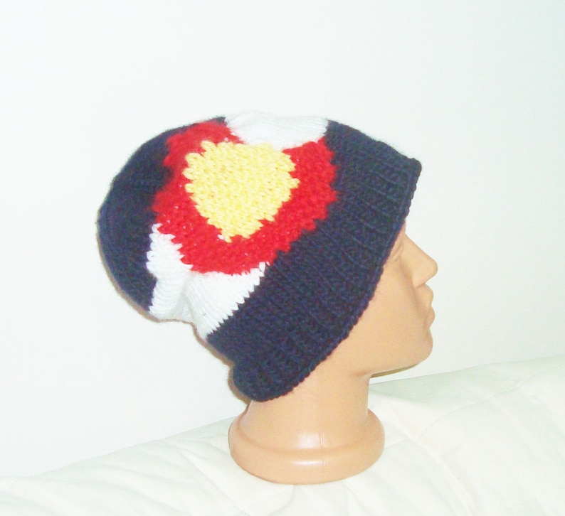 Colorado Flag Beanie Hat Hand Knit Winter in Blue Red white Yellow for mens or womens gifts knitted