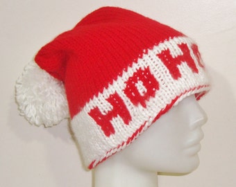 Hand Knit Hat Women with Pompom in Red Christmas Santa Gifts Ho Ho Ho Personalized Knitted Hats