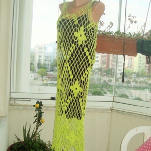 Vestido de rejilla verde lima de crochet: Vestido playero midi de acrílico hecho a mano