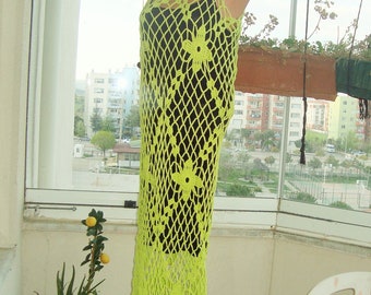 Crochet Dress Women for Summer Beach crochet in lime green midi fishnet knit crocheted clothing gifts for women - this dress is no lined