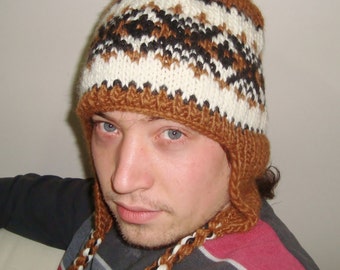 Wool Mens Hats winter Men's Hats with Ear Flaps in brown, black, cream hand Knitted Hats, Men gifts for Him