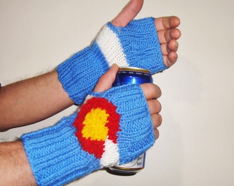 colorado gifts for Womens Men hand Knit Fingerless Gloves colorado Flag gift for women Men winter in blue yellow Red white hand Knitted