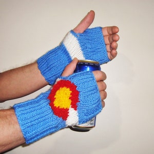 Colorado gifts for Womens Men hand Knit Fingerless Gloves colorado Flag gift for women Men winter in blue yellow Red white hand Knitted of blue fingerless