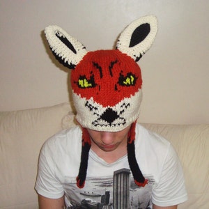 Hand Knit Fox Hat: Wool Blend Earflap Beanie