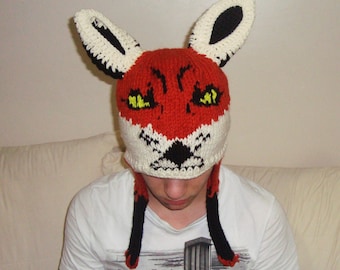 Hand Knit Fox Hat: Wool Blend Earflap Beanie