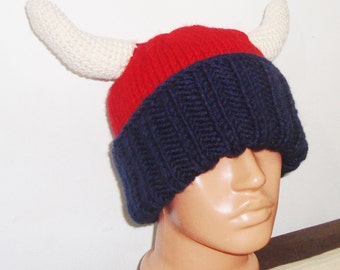 Hand Knit Hat Viking Cap in Red Blue ivory horns big large head hat gift for men women