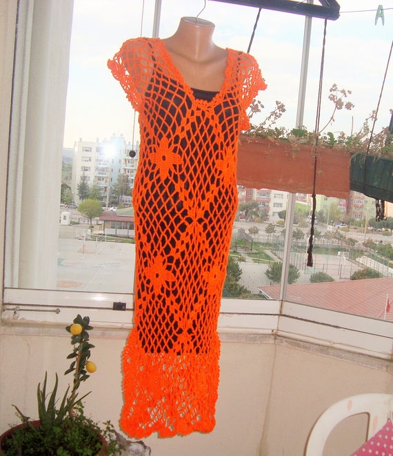 orange fishnet dress