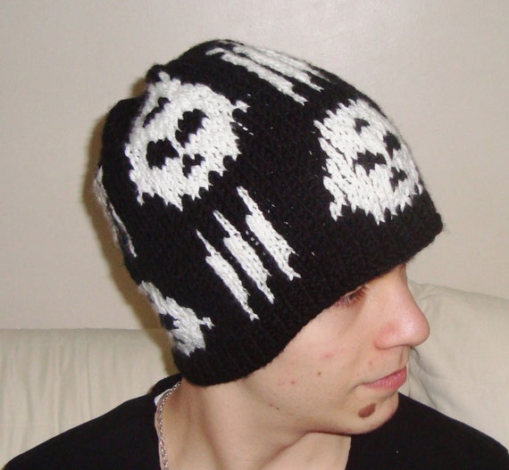 Black Hat With Skull Knit Hat Hand Knitted for Men's Etsy