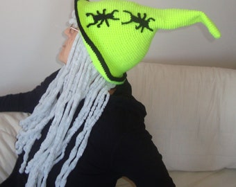 Crochet Witch Hat Women Men Witch Costume Hat with Black Spiders Embroidery and Gray Fringe Festival Hat Gifts