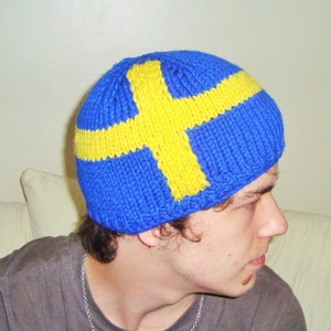 Sweden Flag Beanie Hat Hand Knit for Men Women in Blue Yellow Swedish Gift, Sweden Gifts