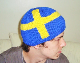 Sweden Flag Beanie Hat Hand Knit for Men Women in Blue Yellow Swedish Gift, Sweden Gifts
