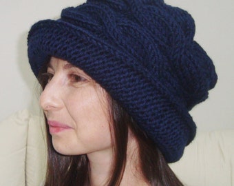 Hand Knit Womens Winter Hat: Navy Blue Wooly Cloche Hat with Brim Cable Knitted