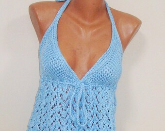 Hand Knit Blue Halter Top: Deep V-Neck Backless Sleeveless Blouse for Womens Gift