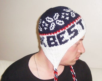 Custom Knit Ear Flap Hat: Personalized Three Color Winter Beret Birthday Gift