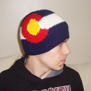Hand Knit Beanie Hat with Colorado Flag Gifts For Men Women in Blue, Red, Yellow, White image 6