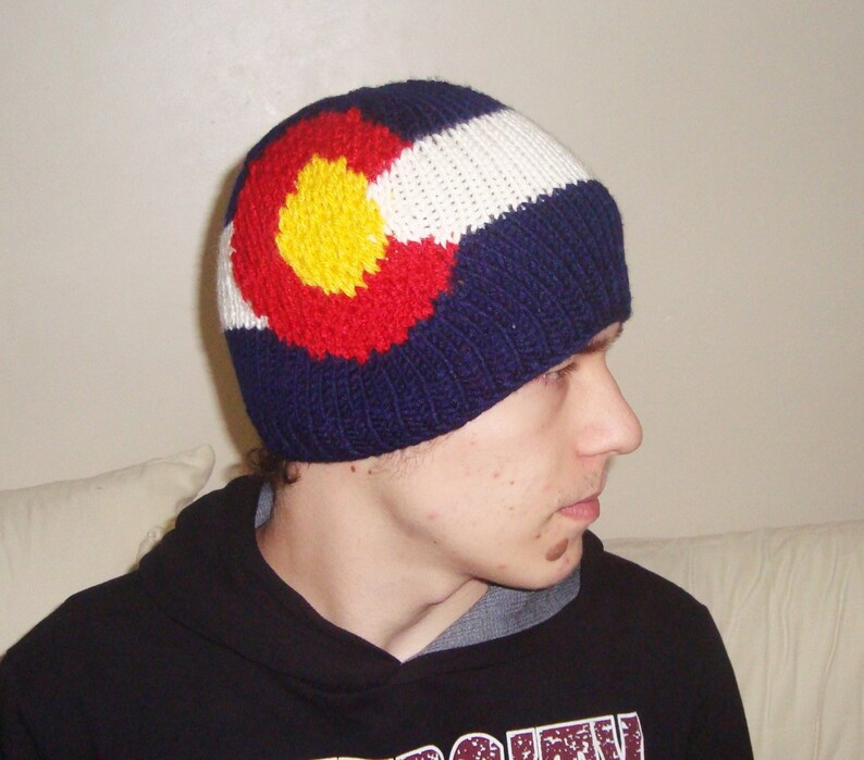 Hand Knit Beanie Hat with Colorado Flag Gifts For Men Women in Blue, Red, Yellow, White image 6