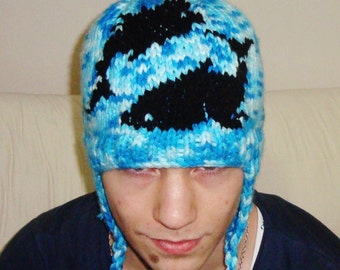 Hand Knit Ear Flap Hat in Blue and White with Black Fish Pisces Gifts for Men Women
