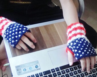 Hand Knit American Flag Fingerless Gloves: Red White Blue Winter Gift